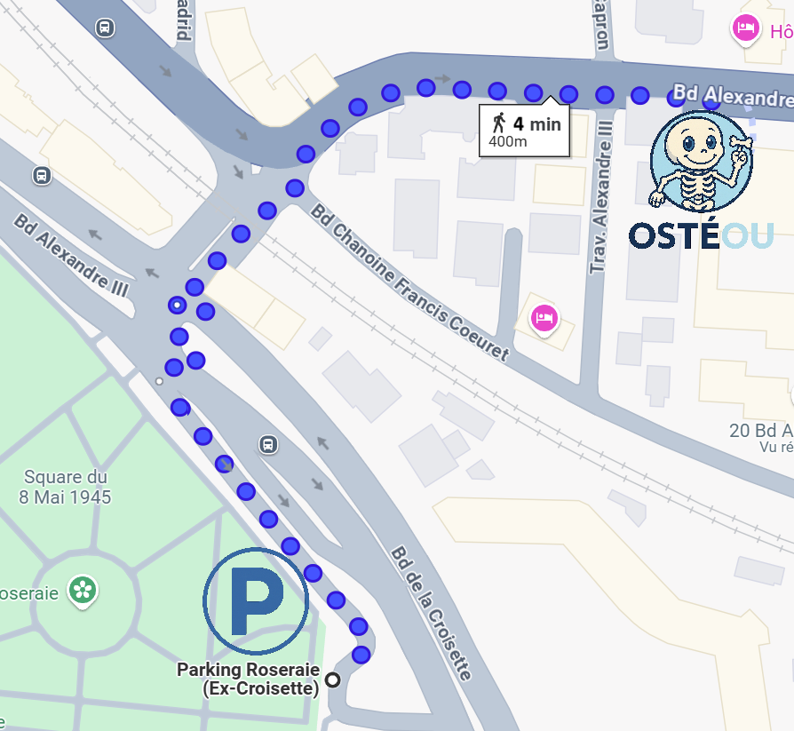 Plan itinéraire parking Roseraie vers cabinet Ostéou
